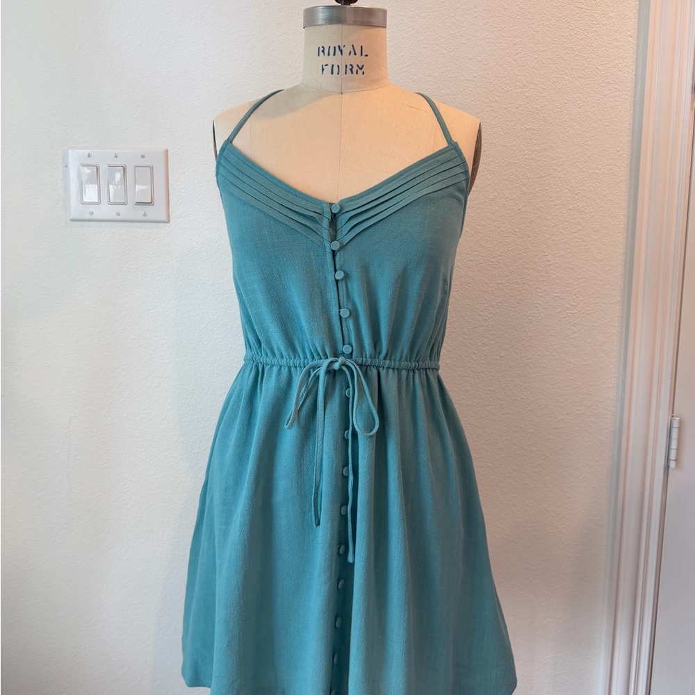 lovestitch Teal Button-Front Spaghetti-Strap Mini Dress